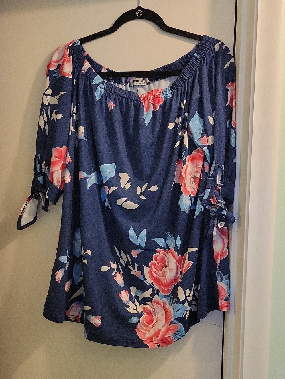Floral Off-Shoulder Navy Blouse with Tie Sleeves